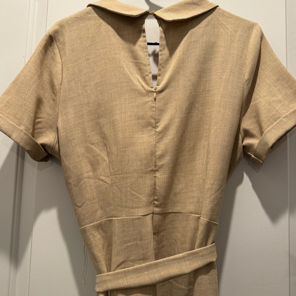 Lulu’s Sensible Sensation Beige Tie-Front Short Sleeve Jumpsuit - Picture 8 of 8